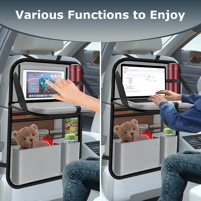 Car Backseat Organizer with table Tray, 9 Storage Pockets Backseat Car Organizer with Tablet Holder, Back seat Organizer for Kids Road Trip Essentials Travel (1Pack)