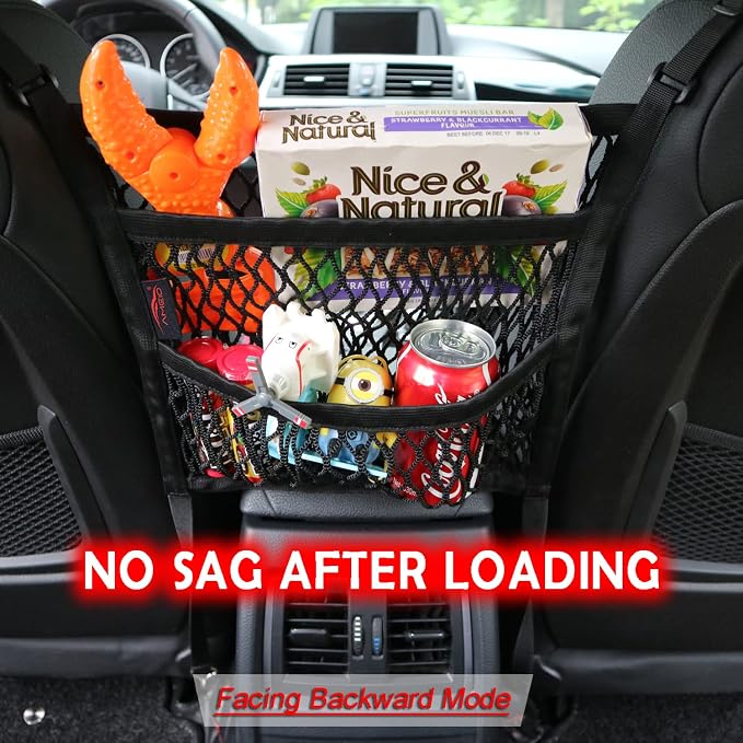Car Organizer Between Front Seats, Purse Holder, Dog Barrier, Mesh Net Bag | Car Accessories, 3 Layers Net 2 Pockets Storage Bag, Purse Handbag Holder, Backseat Kid Pet Barrier, Black, Patented