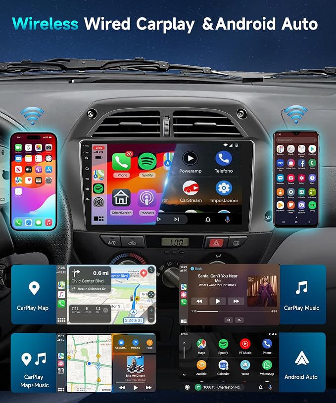 Android 15 Car Radio for Toyota RAV4 2001 2002 2003 2004 2005 2006 Car Stereo with Wireless CarPlay Android Auto 9'' 1080P HD Touch Screen 5G WiFi Bluetooth 26UIs FM/RDS GPS MirrorLink Backup Camera