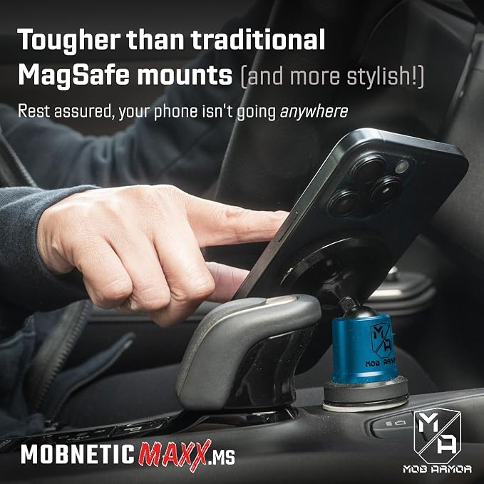 MobNetic Maxx MS - MagSafe Compatible Car Phone Mount w/ 90º Tilt, 360º Rotation & Durable Aluminum Build, Magnetic Holder for iPhone & Android Devices, USA Assembled - Blue