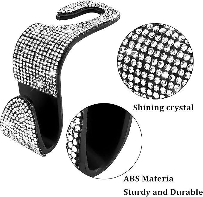 2 Pack Car Hooks, 2021 New Bling Rhinestones Crystal Hooks Car Decorations Auto Seat Back Organizers Strong and Durable Backseat Hanger Storage Universal for SUV Truck Vehicle (Silver)
