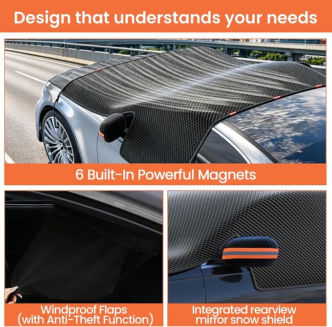 All Weather Windshield Cover with Magnetic Edges, 4-Layer Thick Waterproof Sunshade Snow Cover for Most Vehicles