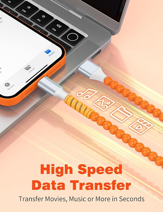 USB A to USB C Cable 1FT,Beaded Phone Charger Cord for iPhone 17 16 Pro Max 16e 15 Car Play,Type C Cute Car Charger Charging Cord for iPad 10 11/Samsung S26 S25 Ultra/Pixel/Android Girls Women,Orange