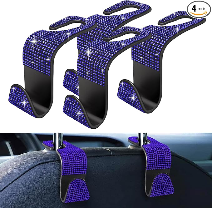 4 Pack Blink Diamond Car Seat Headrest Hooks Crystal Rhinestone Car Purse Holder Universal Car Interior Accessories for Handbags Water Bottles Purse Coats Umbrellas, Blue