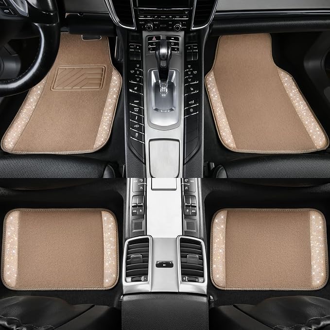 Bling Car Mats Shining Diamond Carpet Crystal Rhinestones Sparkly Glitter Floor Mats with Anti-Slip PVC Heel Pad Universal Fit for Automotive SUV, Sedan, Car, Van, 4pcs for Girl Women, Beige