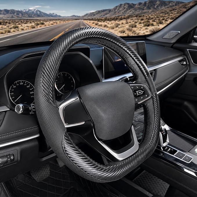 D Shaped Steering Wheel Cover, Flat Bottom Car Wheel Cover 14 1/2-15 inch (37-39 cm), Non-Folding Packaging, Microfiber Leather, Black with Carbon Fiber Pattern