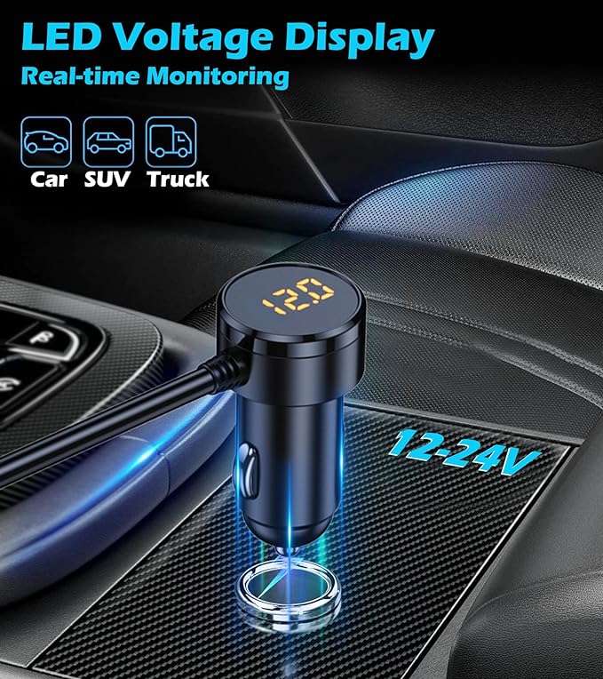 7-1 Cigarette Lighter Splitter, 3-Socket Adapter with PD 30W Type-C | 12V/24V Car Charger, QC3.0 & Dual USB Ports, Independent Switches, Voltage Display, 3.3FT Extension Cord for Truck RV SUV