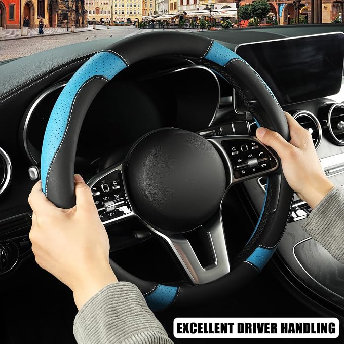 Black Blue Microfiber Leather D Shaped Steering Wheel Cover | Breathable Anti Slip Grip Cool Sporty Look Glow for Women Men