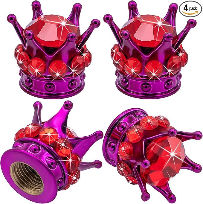 4PCS Crown Bling Tire Stem Valve Caps, Crystal Diamond Tire Air Cap Set Universal Copper Core Stem Covers for Cars, SUV, Trucks, Bikes, Motorcycles, Bicycles (Purple & Red)