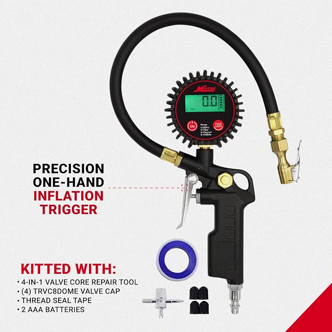 507KIT Digital Tire Inflator Car Accessories w/Accurate Air Tire Pressure Gauge, 14” Rubber Air Hose – 250 PSI, Brass Lock-On Clip Air Chuck and Compressor Accessories