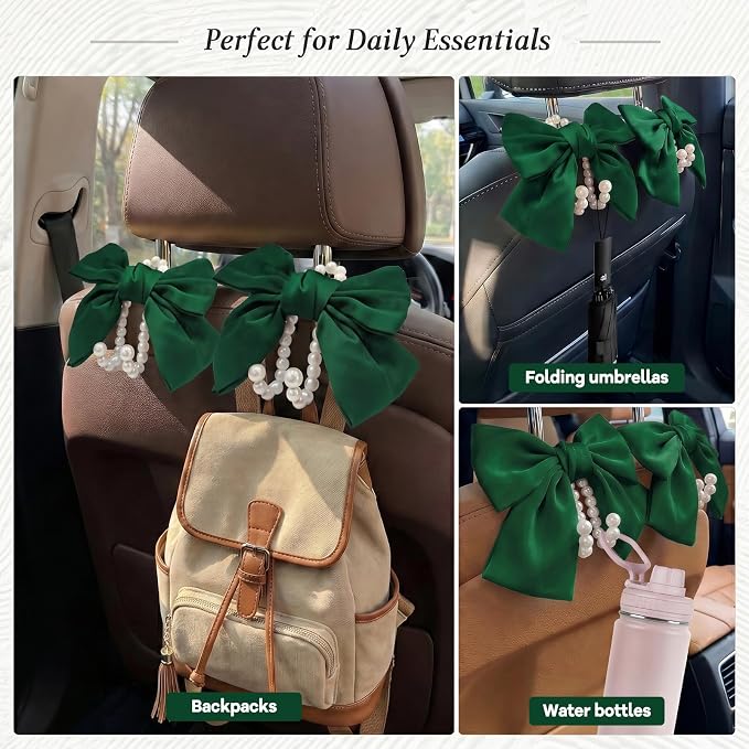 2PCS Satin Bow Pearl Car Seat Headrest Hooks – Car Bag Holder & Vehicle Hanger for Purses – Cute Coquette Aesthetic Interior Decoration – Cute Auto Organizer Accessories Universal (Galactic Green)