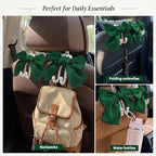 2PCS Satin Bow Pearl Car Seat Headrest Hooks – Car Bag Holder & Vehicle Hanger for Purses – Cute Coquette Aesthetic Interior Decoration – Cute Auto Organizer Accessories Universal (Galactic Green)
