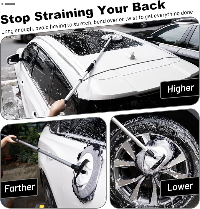 62" Car Wash Brush Kit Mitt Mop Sponge with Long Handle Chenille Microfiber Car Cleaning Brush Kit Supplies Car Washing Mop Kit Car Care Kit of Scratch-Free Replacement Head for Car RV Truck