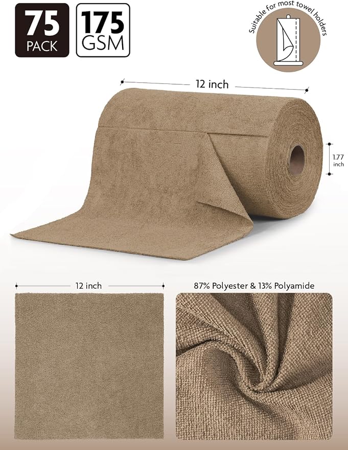 Microfiber Cleaning Cloth Roll- 75 Sheets, 12" x 12" (TAN) | Super Absorbent, Lint-free, Tear-away Microfiber Towel Roll, for All-Purpose Cleaning