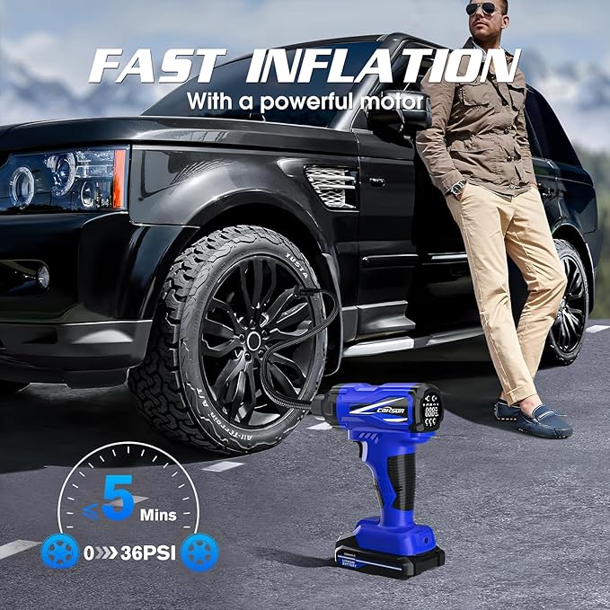 Tire Inflator Portable Air Compressor, 150PSI Cordless Tire Pump with DC 12V/Battery Dual Power Supplies, Portable Handheld Air Pump, Digital Pressure Gauge for Car Tires, Bicycles, Balls, Blue