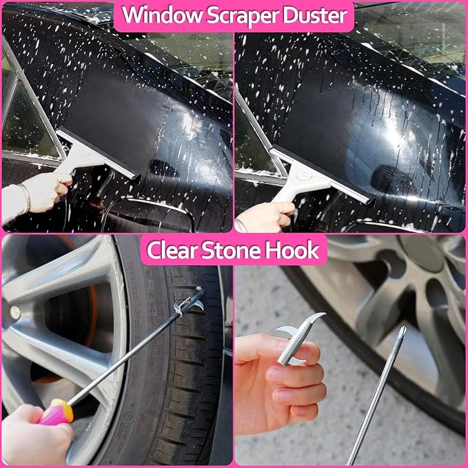 Car Detailing Kit, Interior Exterior Cleaning Set for Vehicles | Soft Microfiber, Lint-Free, Scratch-Proof, 17 Pcs Complete Set, Pink Styling, Perfect Women Gift, Portable Bag
