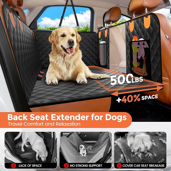 Dog Seat Cover for Back Seat,Backseat Extender Hard Bottom Car Seat Cover for Dogs Holds 500 lbs,Waterproof Rear Seat Pet Cover for Dogs,Dog Hammock Travel Accessories for Car,SUV,Truck