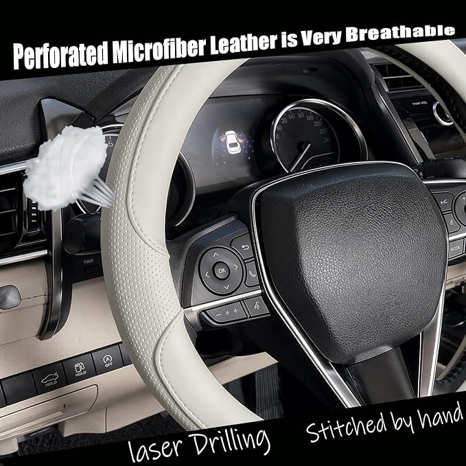 Steering Wheel Cover Universal Standard Size 14.5-15 inch, Non-Folding Packaging, Breathable Microfiber Leather, Anti-Slip, Soft Grip, Fits Most Cars SUVs Trucks, Light Creamy Gray