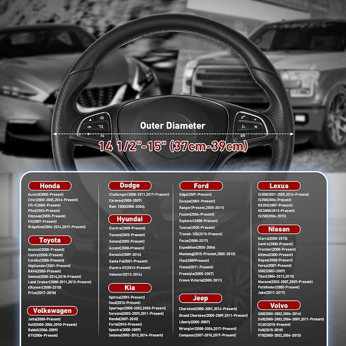 Black Car Steering Wheel Cover Medium Size 14.5-15 inch (37-39 cm), Breathable Microfiber Leather