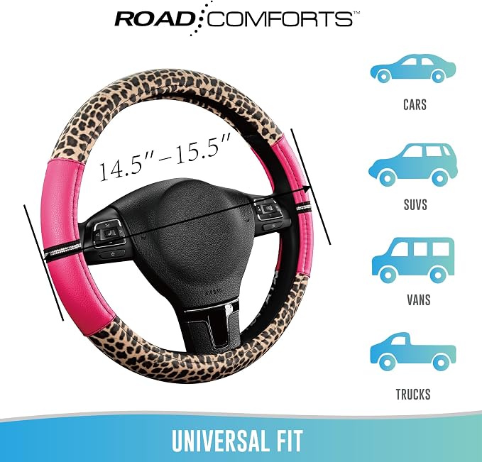 Leopard Steering Wheel Cover for Women, Cute Anti-Slip Microfiber Leather, Universal Fit 14.5-15 Inch Round Steering Wheel - HotPink