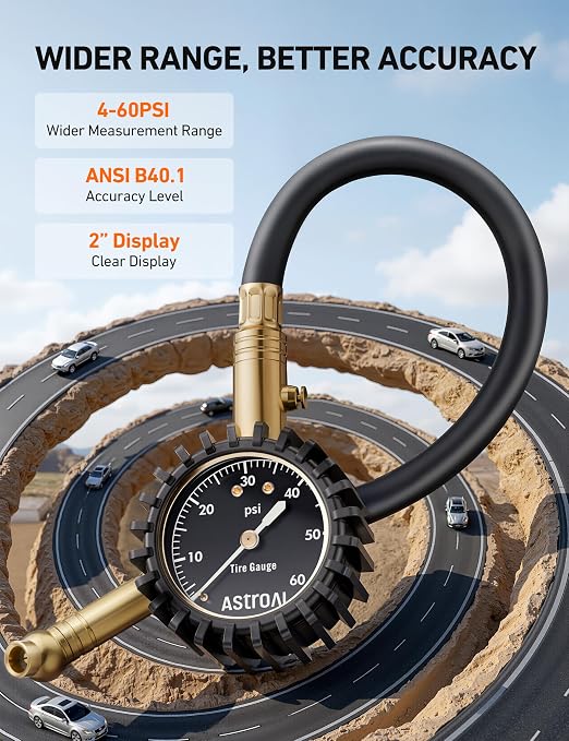 Tire Pressure Gauge for Cars with Large 2" Dial, Solid Brass with Rubber Hose, Air Bleeder Valve, ANSI B40.1, 0-60PSI