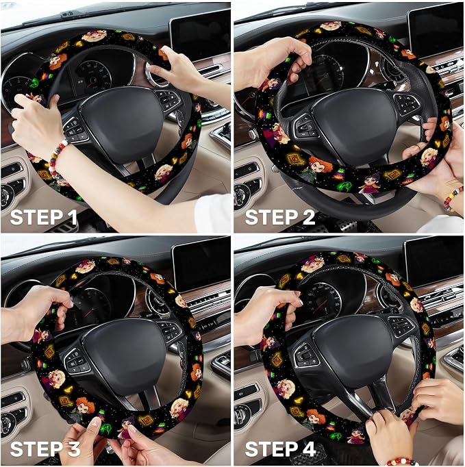 Black Witchy Halloween Steering Wheel Cover, Non-Slip Polyester Wheel Grip, Universal 15 Inch Car Accessory