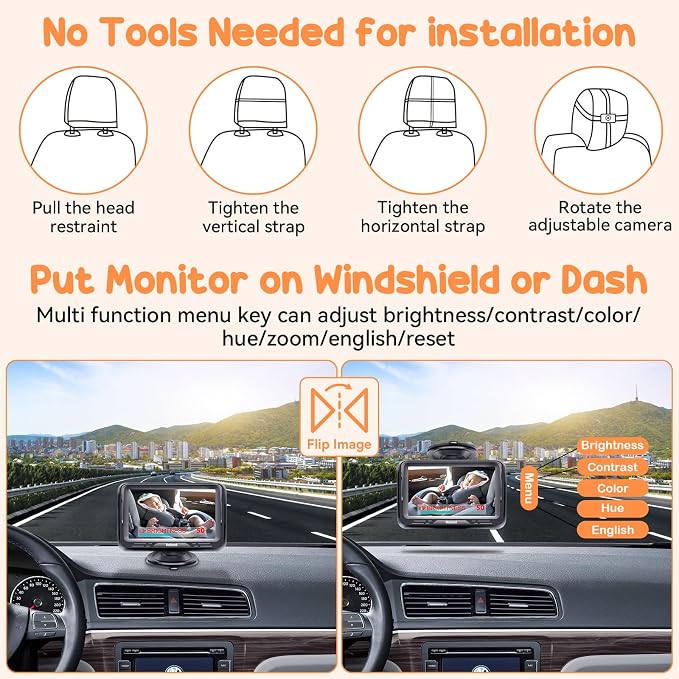 Baby Camera for Car 2 Pack - Dual HD 1080P Monitors with Night Vision, Adjustable Angles, Glare-Free Display, Easy Installation for Two Vehicles, Ideal for Road Trips
