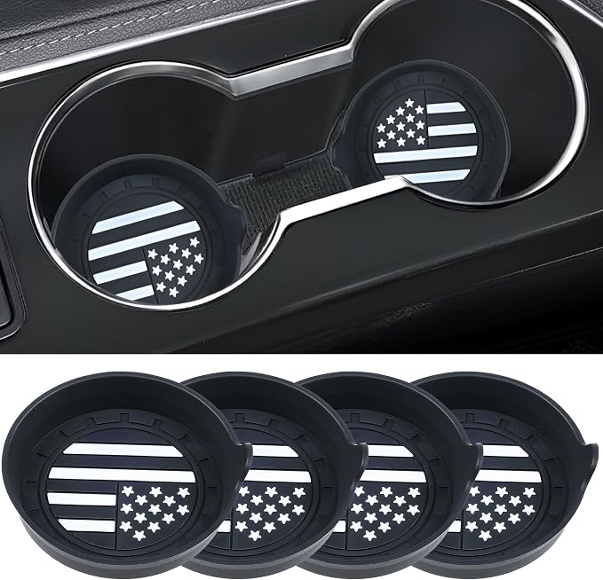 Car Cup Coaster Universal Non-Slip Silicone Cup Holder Insert Car Interior Accessories for Drink American Flag US Flag 4 Pack Black