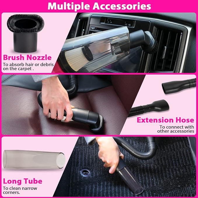 Car Detailing Kit Interior Cleaner, Car Cleaning Kit with 8000PA Cordless Pink Handheld Vacuum Cleaner, Car Interior Detailing Brush Set, Pink Car Accessories, Gift for Women