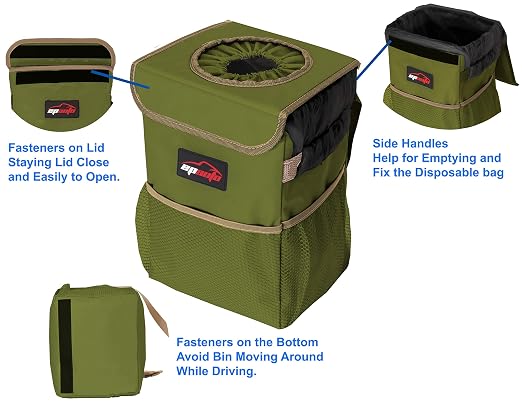 Waterproof Car Trash Can with Lid and Pockets, 2.5 Gal, Green | Leakproof, Collapsible Multipurpose Car Bin with 3 Side Storage Pockets, Adjustable Straps