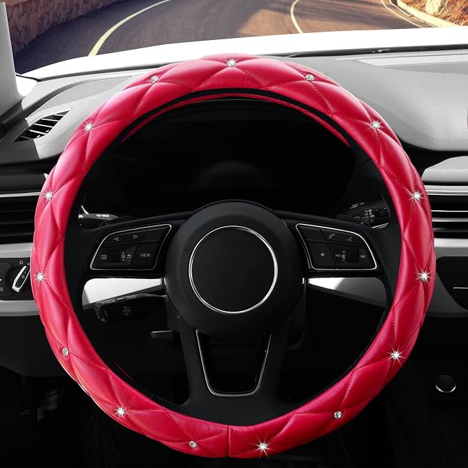 Cute Diamond Soft Leather Anti-Slip Steering Wheel Cover with Bling Bling Crystal Rhinestones, Universal 15 Inch for Women Girls, Fit Vehicles, Sedans, SUVs, Vans, Trucks - Red