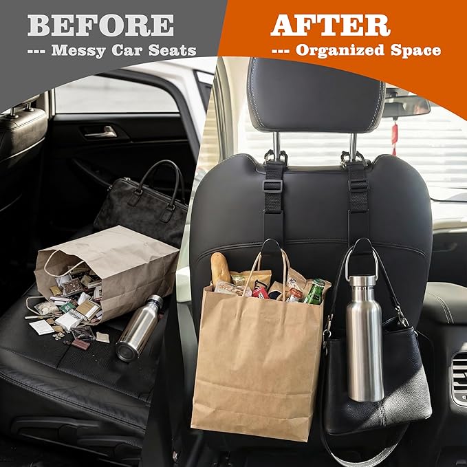 Car Headrest Hooks 4 Pack Adjustable Universal Fit Auto Seat Back Organizer Storage Hanger Purse Bags Holder with Clip Black