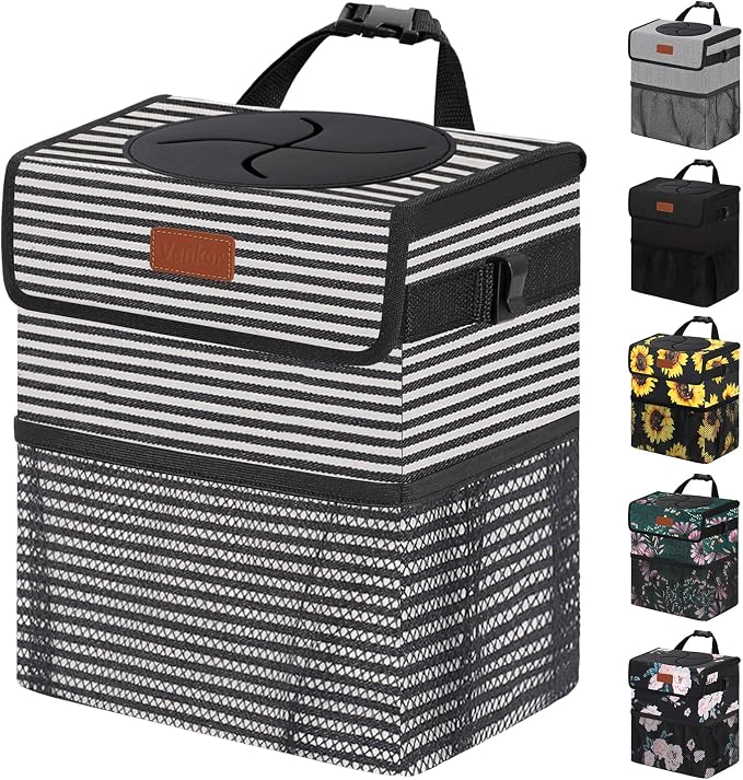 Car Trash Can for Car Cute, Bag Bin Hanging Waterproof Automotive Garbage Cans Leak Proof Vehicle Trash Can Stripe