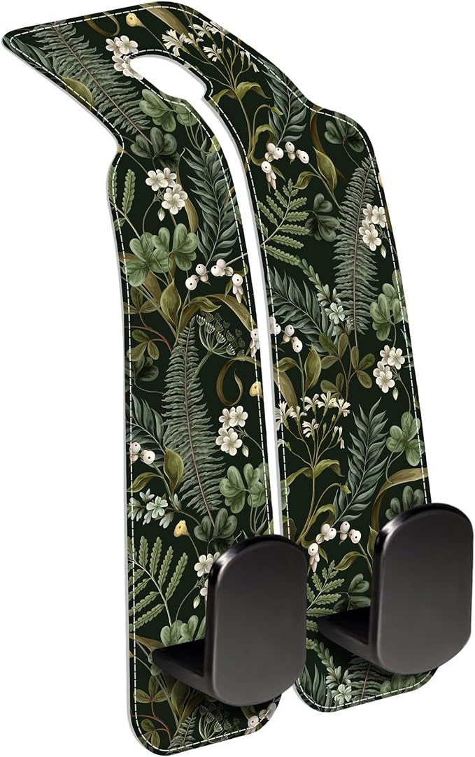 Purse Hook for Car White Flowers Berries and Leaves 1 Pack Headrest Back Seat Hook Premium Leather Double Metal Hanger Storage Pack Bag Purse Holder Car Accessories
