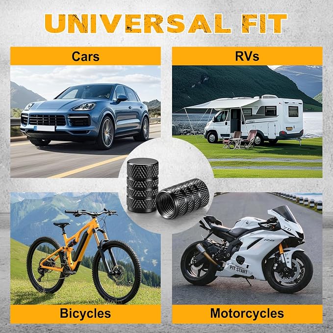 12PCS Tire Valve Stem Caps, Car Exterior Accessories, Aluminum Alloy Tire Valve Cap Set, Corrosion Resistant Leak-Proof Universal for Cars, Trucks, Motorcycles and Bicycles (Black)