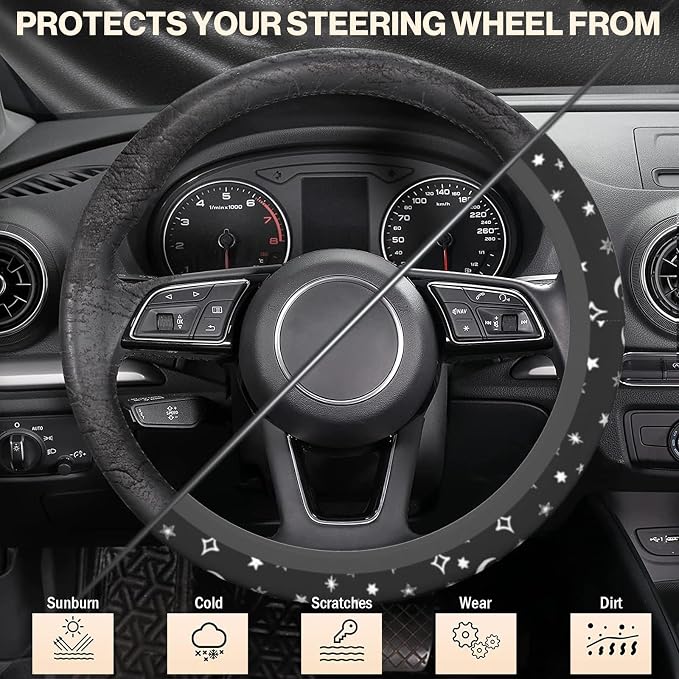 Steering Wheel Cover Moon and Star, 15 Inch Car Accessories for Women Girls Girly, Universal Anti Slip Neoprene Auto Interior Decor Anti Slip Car Protector