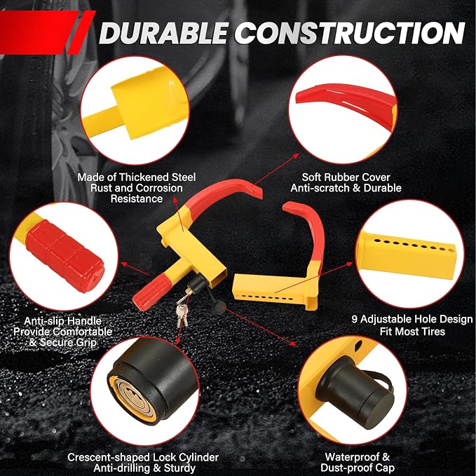 2 Pack Trailer Wheel Lock | Heavy Duty Anti Theft Wheel Clamp Lock with 3 Keys Adjustable Security Tire Lock Fits 7-11" Width Tyres, Great Deterrent for Trailers Car SUV Boats ATVs