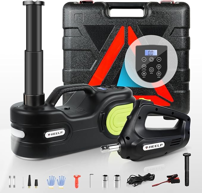 Electric Car Jack Kit 5T 12V Hydraulic Tire Jack with Double Cylinder Air Pump & LCD Touch Screen & Impact Wrench Portable Car Lift for Tire Changes and Roadside Emergencies