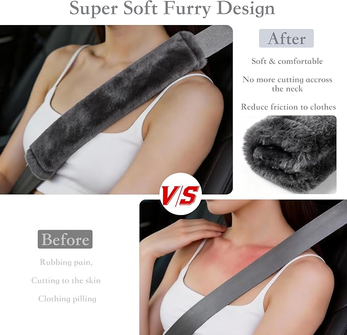 Soft Faux Fur Universal Fit Seatbelt Cover Car Truck SUV Airplane Seat Belt Shoulder Pad for Carmera Backpack Straps Neck Cushion Protector 2 Pack 10.5in Dark Gray