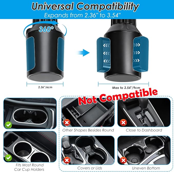 4-in-1 Car Cup Holder Expander, Universal Tray with Phone Mount for Truck | Compatible with 2.6"-3.94" cup holders. Large food tray fits snacks, drinks & devices.