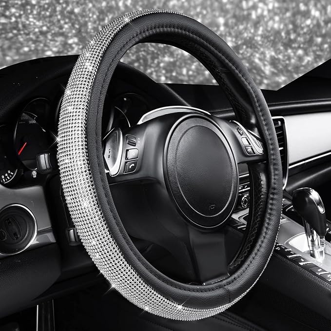 Bling Diamond Leather Steering Wheel Cover, with Bling Sparkly Crystal Glitter Rhinestones Universal Fit 14.5in-15in Car Wheel Protector for Women Girl Fit Suvs,Vans,Sedans,Car,Trucks, Silver