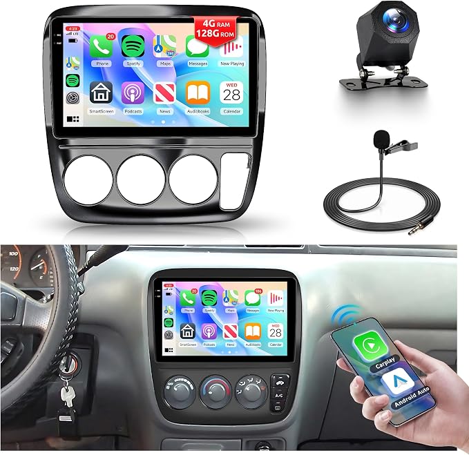 4G+128G Android Car Stereo for Honda CRV 1997-2001 with Wireless CarPlay Android Auto, 9 Inch Touchscreen Car Radio Mirror Link GPS Navigation WiFi Bluetooth FM RDS EQ SWC Backup Camera