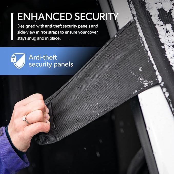 Plus | Winter Windshield Cover for Ice and Snow, XL Size (Black) - Built-in Security Panels, Wiper Blade Coverage + Mirror Covers - Fits XL Size Cars, Trucks and SUVs, 68 x 41 Inches