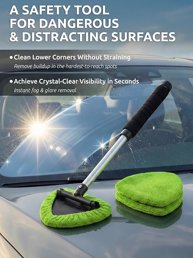 Window & Windshield Cleaner, Extendable, 3 Microfiber Pads (Green) | Pivoting Triangle Head Wiper Cleans Interior & Exterior Glass, 3 Washable Reusable Bonnets, Lint-Free
