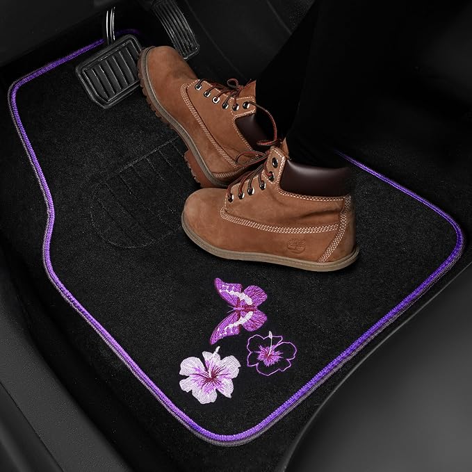 Embroidery Butterfly and Flower Car Floor Mats, Purple Car Floor Mats, Universal Fit 95% Automotive,SUVS,Sedan,Vans,for Women,Girly,Set of 4(Black with Purple)