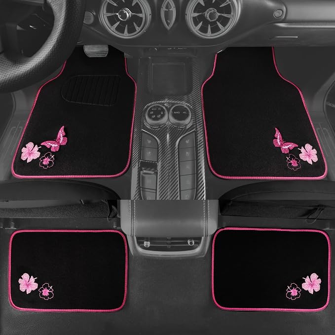 Embroidery Butterfly and Flower Car Floor Mats, Pink Car Floor Mats Universal Fit 95% Automotive,SUVS,Sedan,Vans,for Cute Women,Girly,Set of 4 (Black with Pink)