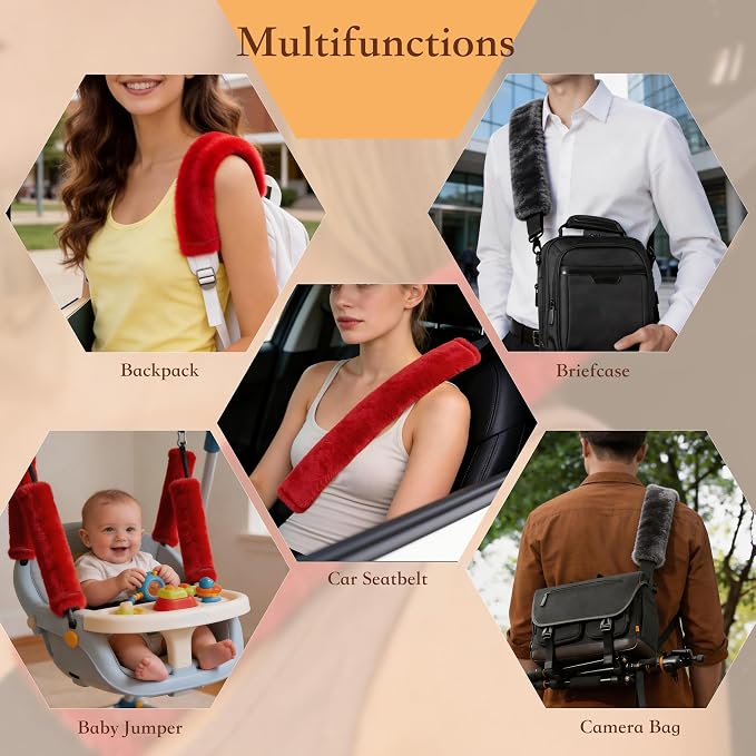 Soft Faux Fur Universal Fit Seatbelt Cover Car Truck SUV Airplane Seat Belt Shoulder Pad for Carmera Backpack Straps Neck Cushion Protector Extra Long 25.6in Red