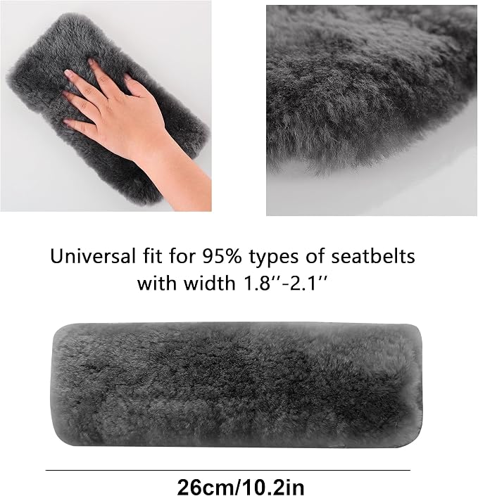 Authentic Sheepskin Seatbelt Cover Real Wool Car Truck SUV Airplane Seat Belt Shoulder Pad for Carmera Backpack Straps Neck Cushion Protector 2 Pack Dark Grey