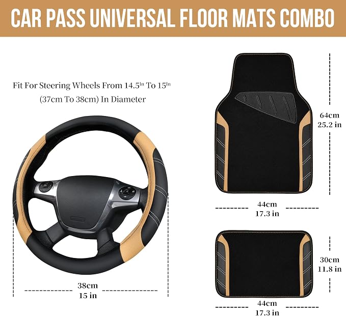 Microfiber Steering Wheel Cover and Waterproof Car Floor Mats,Leather Universal Car Combo Fit for 95% Truck,SUV,Cars,14.5-15inch Sporty Anti-Slip Safety Comfortable Design(Black and Beige)