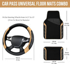 Microfiber Steering Wheel Cover and Waterproof Car Floor Mats,Leather Universal Car Combo Fit for 95% Truck,SUV,Cars,14.5-15inch Sporty Anti-Slip Safety Comfortable Design(Black and Beige)
